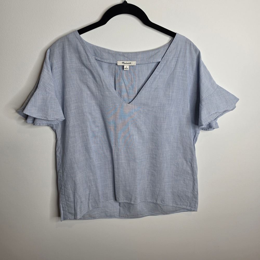 Madewell Ruffle Sleeve V-Neck Top Women Medium Blue Cotton Chambray